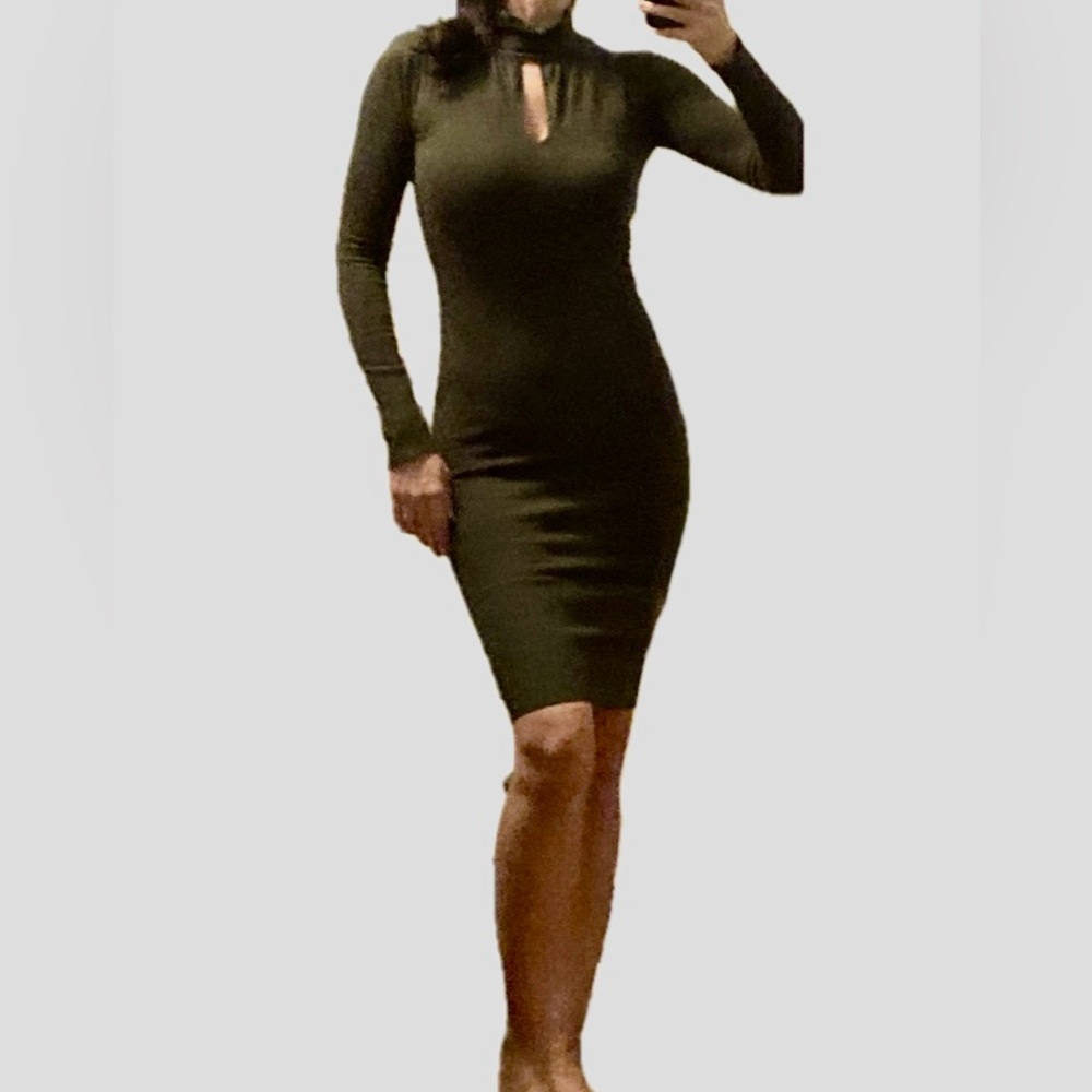 Womens dark green knit stretch dress with keyhole neckline in size S